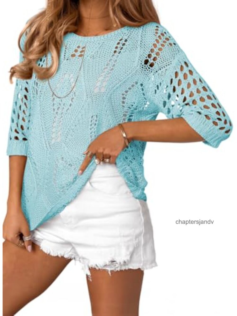 Women's Crochet Hollow Out 3/4 Sleeve Knit Pullover Sweater